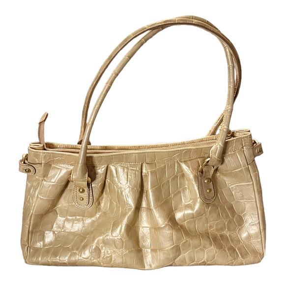 BRAHMIN Croc Embossed Leather Satchel Dual Handle Zipper Closure Cream Handbag - Picture 2 of 14